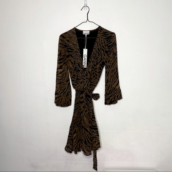 NEW Ganni Tiger Printed Georgette Mini Dress - Picture 12 of 12